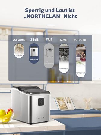 Льодогенератор NORTHCLAN з самоочищенням, 14 кг/24 год, 2 розміри льоду, LED-дисплей, 2л резервуар, сріблястий