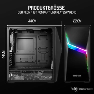 Корпус для ПК Spirit of Gamer Clone 4 RGB, прозора стінка із загартованого скла, для ігрового комп'ютера, середній Tower, сумісний з ATX/MATX/ITX, 2 адресовані вентилятори 120 мм у комплекті