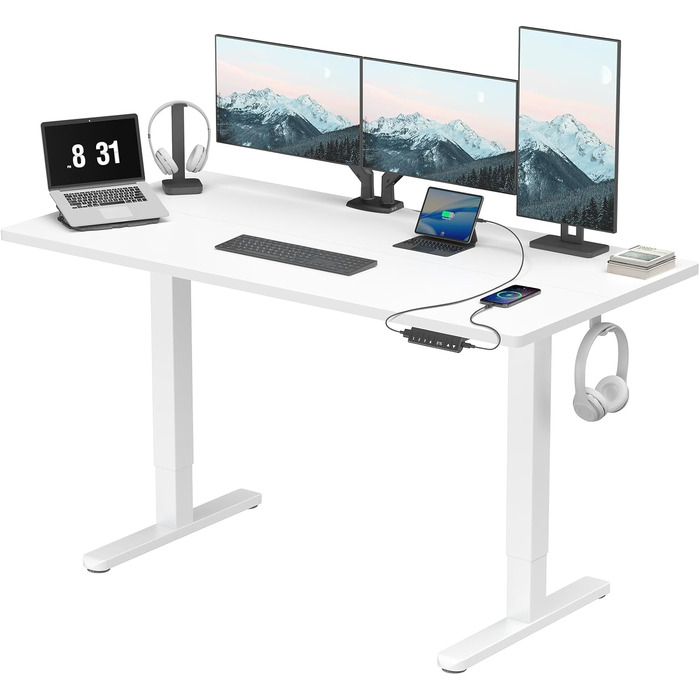 Регульований по висоті офісний стіл HUANUO 160x80 см з USB-C/USB-A, білий. Пам'ять на 4 положення, кабель-менеджмент