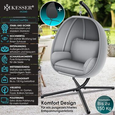 Підвісне крісло-кошик KESSER Luxe з м'якою подушкою, спинкою та захисним чохлом для саду і дому, металевий каркас, сірої, до 150 кг