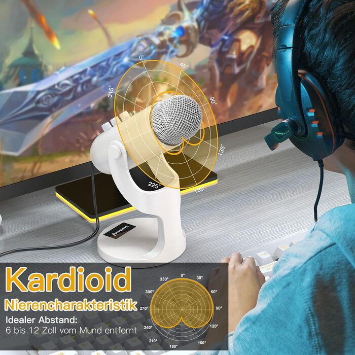 ZealSound USB мікрофон K66 перламутрово-білий, конденсаторний мікрофон для ПК, смартфонів, PS4, PS5, USB-C, для ігор, подкастів, запису, стрімінгу, зі стумом, регулюванням гейну та ефектом ехо, сумісний з Mac, Windows