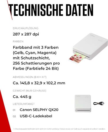 Canon Selphy QX20 – Портативний принтер для фотографій з Wi-Fi, термосублімаційний друк, USB-C зарядка, білий (без чорнил/паперу)