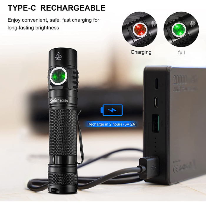 Ліхтарик Sofirn SC31 Pro світлодіодний, надяскравий 2000 люмен, USB-C заряджання, водонепроникний, з акумулятором, 6 режимів Anduril UI, пам’ять, для туризму та спорту
