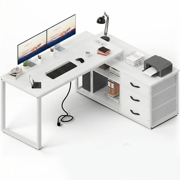 Кутовий письмовий стіл JUMMICO з шухлядами, 140x105x75 см, білий, з USB-роз'ємами та розетками