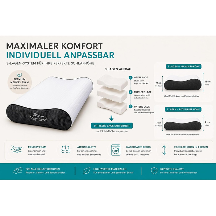 Ергономічна подушка для шиї Sleep Good з ефектом пам'яті (Memory Foam), регульована по висоті, для сну на боці та спині, зі знімним чохлом