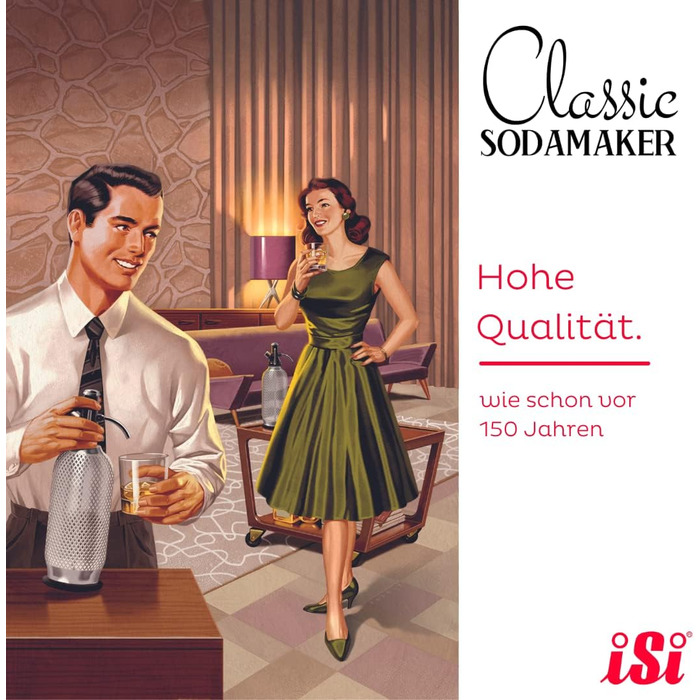 Сифон для газування води iSi Soda Maker Classic Geschenkset, 1 л, нержавіюча сталь, набір із 2 склянок і 10 капсул, барне приладдя для приготування содової води