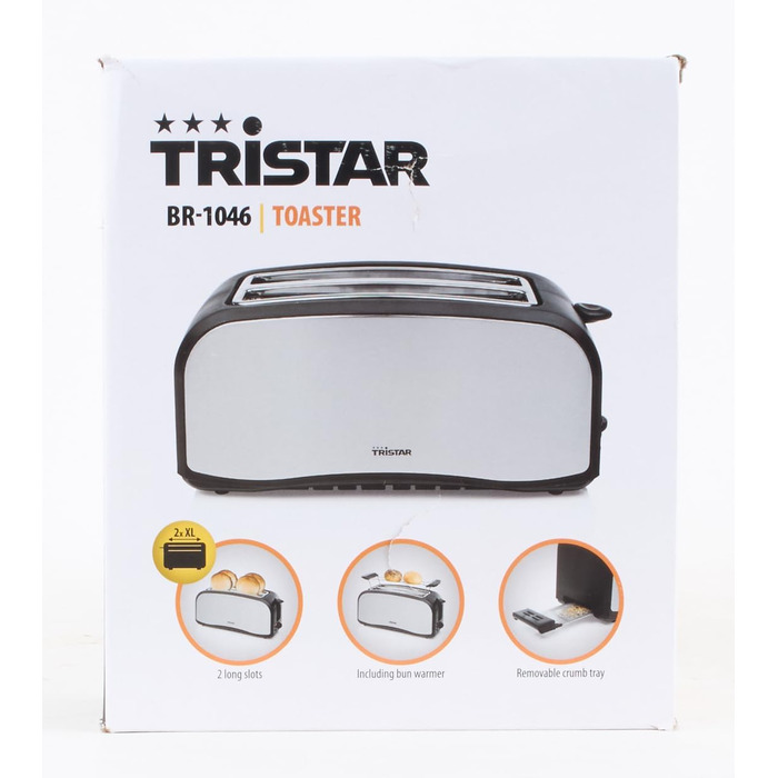 Тостер Tristar з нержавіючої сталі, 4 тости, 6 режимів підсмажування, насадка для булочок, довгі отвори, знімний піддон для крихт, функції скасування, розморожування та підігріву, модель BR-1046