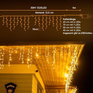 Світлодіодна гірлянда-дождик WOWDSGN 30м (1320 LED), теплий білий колір, 8 режимів, IP44 водонепроникна, для вулиці, даху та тераси
