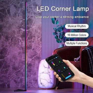 MIWATT LED торшер 143 см для вітальні, RGB, диміруємий, з пультом і додатком, 16 млн кольорів, музичний режим, таймер, чорний