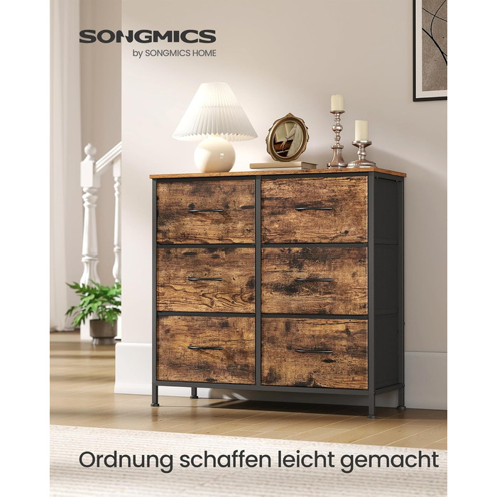 SONGMICS Комод з 8 висувними ящиками, шафа для зберігання, сталь, MDF, флізелін, для спальні, прихожої, вітальні, вінтажний коричневий + чорний, LGS124BH04