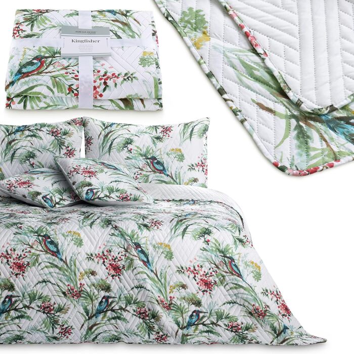 Покривало AmeliaHome 260x280 см, двостороннє, легке у догляді, стьобане, з рослинним і пташиним візерунком, багатобарвне, Kingsfisher