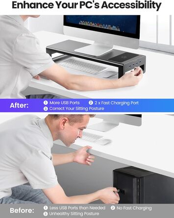 Підставка для монітора VAYDEER USB 3.0 з бездротовою зарядкою та передачею даних, металевий тримач для ноутбуків та комп'ютерів до 32 дюймів, чорний, L