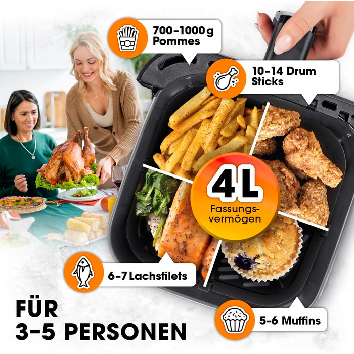 Аерофритюрниця GOURMETmaxx 4 л, 1400 Вт, таймер, нержавіюча сталь, з функціями попереднього нагріву та підтримки тепла, економна, майже без олії, матова чорна