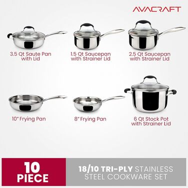 Набір посуду AVACRAFT 10 предметів з нержавіючої сталі 18/10: каструлі, сковороди, кухонне приладдя для приготування їжі. Преміум якість, багатошаровий корпус.
