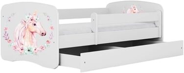 Дитяче ліжко Kids Collective 160x80 см з матрацом, бортиком, ламельною основою та шухлядою, біле, для дівчинки, рожеве з малюнком коня