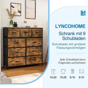LYNCOHOME комод з тканинними шухлядами, 9 секцій, для вітальні, спальні, коридору, кухні, офісу, вінтажний коричневий