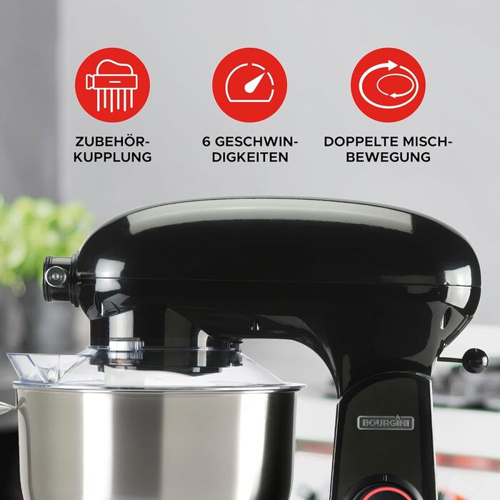 Кухонна машина BOURGINI Steel Kitchen Chef 5,5 л, 1800 Вт, ретро, чорна