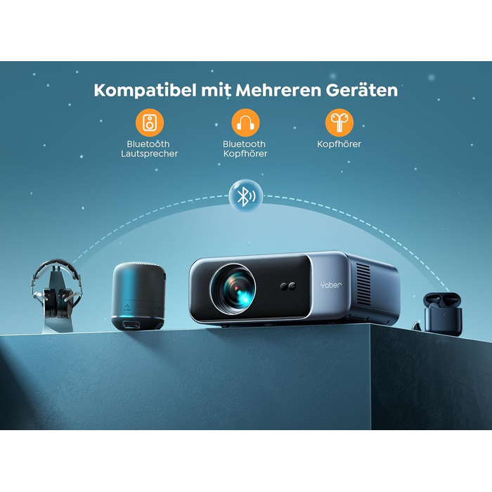 Проектор для домашнього кінотеатру YABER Full HD 1080p (підтримка 4K), автофокус, корекція трапеції, WiFi 6, Bluetooth, портативний outdoor-проектор до 300 дюймів для смартфонів, Fire TV Stick та PS5