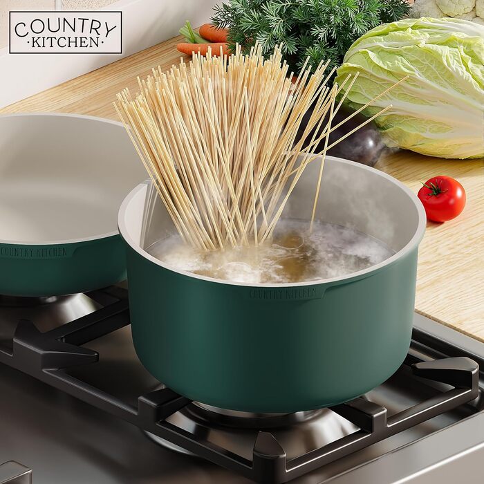 Набір посуду Country Kitchen 16 предметів: каструлі та сковорідки з антипригарним покриттям, знімними ручками Soft-Touch, для дому та кемпінгу, придатний для духовки (сіро-зелений)