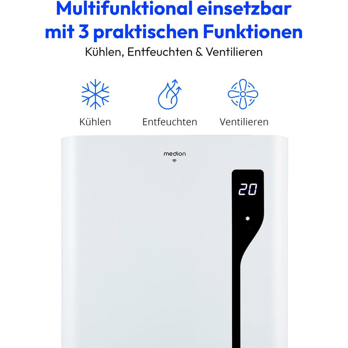 Мобільний кондиціонер MEDION P901 12000 BTU з пультом та Wi-Fi, 3-в-1 (охолодження, осушення, вентиляція), для приміщень до 32 м², білий