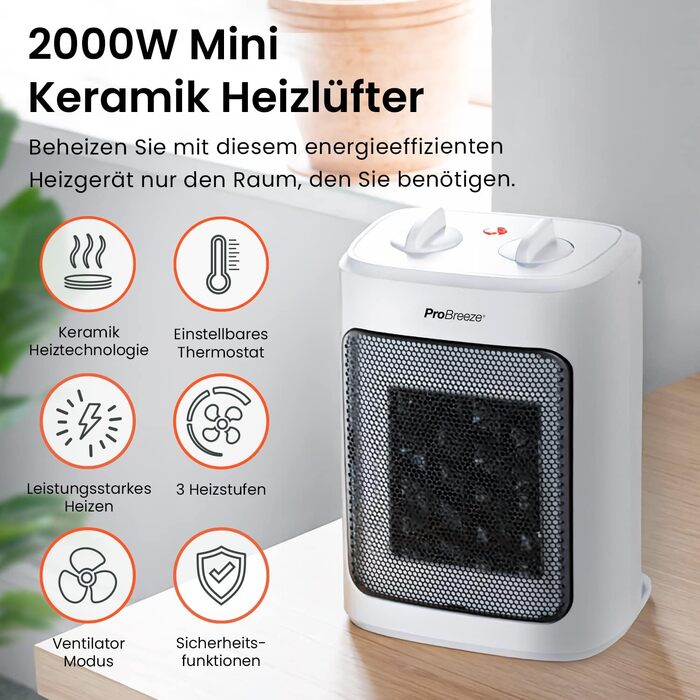 Керамічний обігрівач Pro Breeze 2000W з термостатом, електричний конвектор з 3 рівнями нагріву та захистом від перегріву, білий