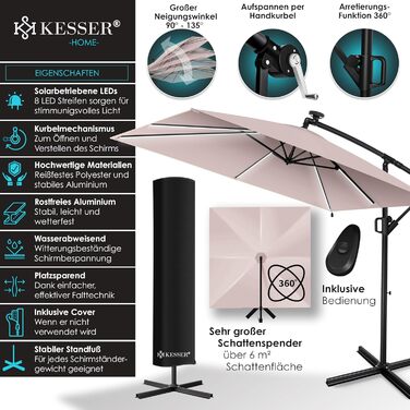 Сонцезахисна парасоля KESSER Holly прямокутна з LED-підсвіткою на сонячних батареях, алюмінієва, водовідштовхувальна, з чохлом і захистом від вітру, з ручкою-крутилкою, UV-захист, 350 см, колір таупе