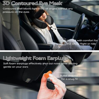 Подорожня подушка під шию з ефектом пам'яті (Memory Foam) для літака та авто, чорна, з 3D-маскою для сну та берушами