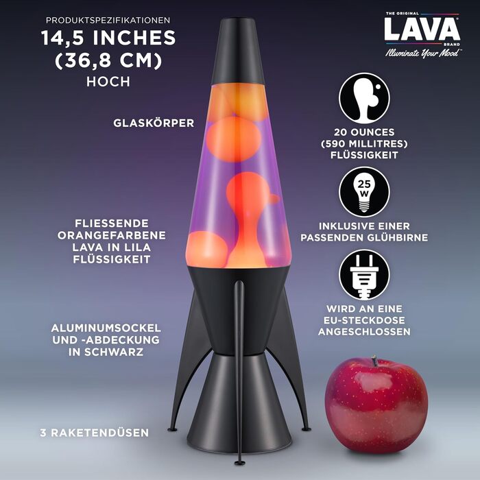 Лавова лампа LAVA® Evenfall Rocket 2391, жовтий віск, фіолетова рідина, декоративна основа у формі ракети, 37 см