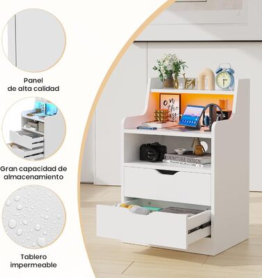 Тумба приліжкова Lvhecforhm з LED-підсвіткою, розеткою та USB, сучасна біла тумба з 2 шухлядами і відкритою полицею 45x35x73 см для спальні та вітальні