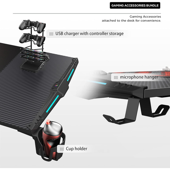 Ігровий стіл EUREKA ERGONOMIC з LED, 140x60 см. Стіл для геймерів з підсвіткою, органайзером для кабелів, тримачем для напоїв та навушників, чорний, X-Large