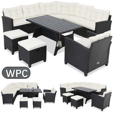 Polyrattan Corner Lounge чорний/кремовий з подушкою