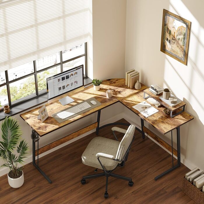 Кутовий письмовий стіл CubiCubi 150x120 см, L-подібний комп'ютерний стіл для офісу з моніторною підставкою та шухлядами, компактний, коричневий