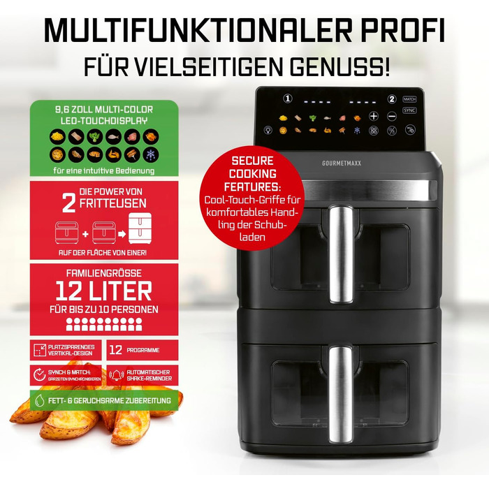 Аерофритюрниця GOURMETmaxx AirGenius 10L з двома камерами (2x5Л), сенсорним керуванням та 10 програмами приготування, для 8 осіб