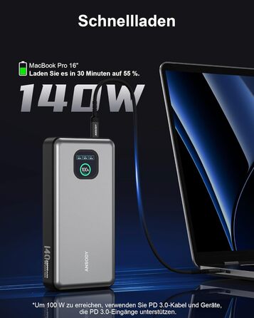 Powerbank 140W, 25000mAh з дисплеєм, PD3.1 для ноутбуків, MacBook, iPad, iPhone, Switch