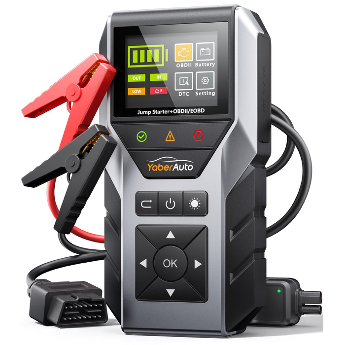 Пусковий пристрій YaberAuto Jump Starter 7000A з OBD2 діагностикою та тестером акумулятора, Powerbank 16800mAh для бензинових та дизельних авто (до 10л), з LED-ліхтарем