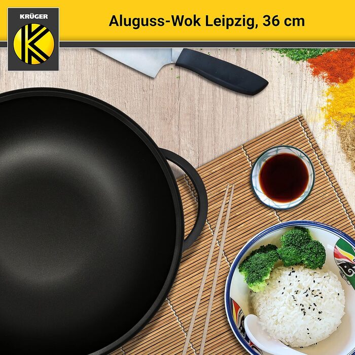 Алюмінієвий вок KRÜGER Leipzig 36 см з антипригарним покриттям, скляною кришкою та аксесуарами — ідеальний для овочів, локшини та рису