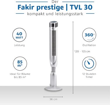 Турмовентилятор Fakir Prestige TVL 30 з пультом, 3 режими, 8 швидкостей, 360° осциляція, таймер, LED-дисплей, 40 Вт, сріблястий, тихий