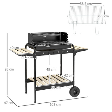 Металевий гриль на вугіллі з димовою трубою (BBQ Smoker) на колесах, з регульованою по висоті решіткою та полицею для дров, розміром 103x47x95 см, чорного кольору.