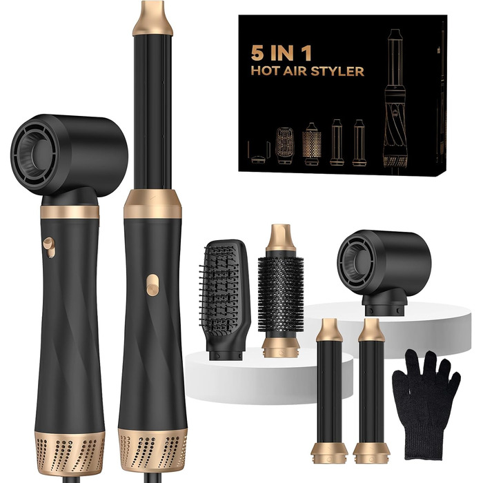 UMIGA Airstyler 5 в 1: Фен-щітка, кругла щітка, плойка та випрямляч для волосся 1000 Вт, 3 режими нагріву, рожево-чорний
