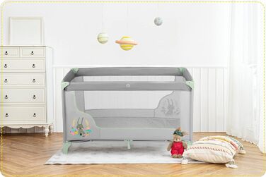 Дитяче ліжечко-манеж Ricokids, складне, з матрацом, 125x65x78 см, 15 кг, дві колеса з гальмами, знімний бічний вхід, сумка, світло-сірий та м'ятний колір