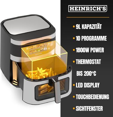 Аерофритюрниця HEINRICHS XXL 9 л 10-в-1, електрична мультипіч з LED-дисплеєм, сенсорним керуванням та таймером, 1800 Вт, кошик придатний для мийки в посудомийній машині