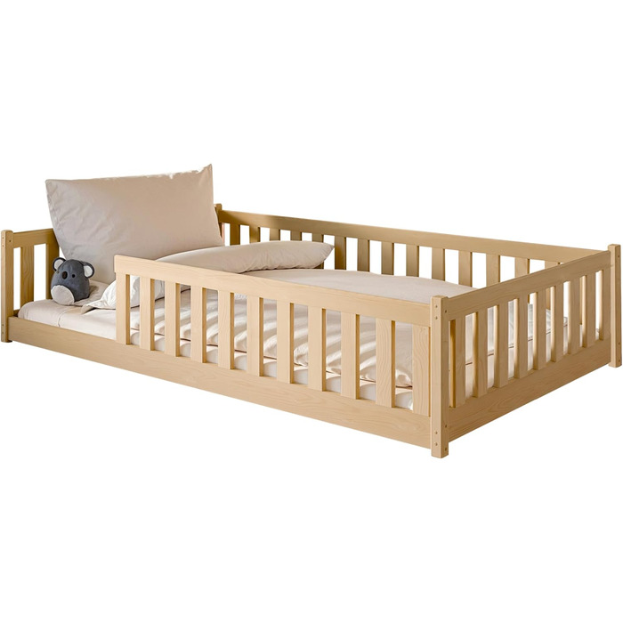 Дитяче ліжко Монтессорі Kids Collective 120x200 см, дерев'яне підлогове ліжко з бортиками та ламелями, натуральна сосна, для хлопчиків та дівчаток
