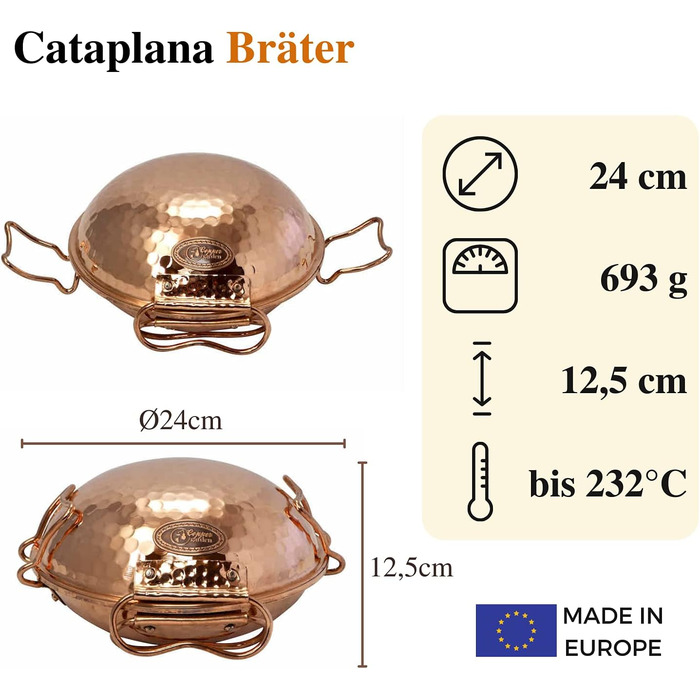 Мідний казан-катаплана CopperGarden® 18 см, ручне лудіння, португальський, для газу, вогню, гриля та духовки, ідеальна теплопровідність, молоткова обробка