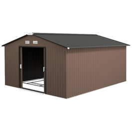Outsunny Garden сарай 12,4 м², садовий сарай з односхилим дахом, розсувні двері, фундамент, 340 x 386 x 200 см, сарай для інструментів з оцинкованої сталі, стійкий до атмосферних впливів, для саду, коричневий