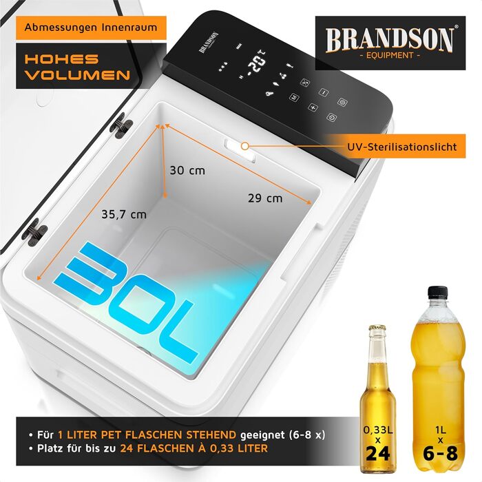 Автомобільний холодильник Brandson 30л з Bluetooth та Wi-Fi (Tuya Smart) - Електричний компресорний автохолодильник з функцією морозильника (-20°C), 12/24В та 230В, Еко-режим, для авто, кемпінгу, вантажівок - Білий