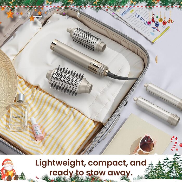 MESCOMB 5-в-1 Airstyler та Hairstyler: Фен-щітка з іонізацією, автоматичний локонів та об'ємна щітка – Швидке сушіння, укладка для локонів, об'єму та вирівнювання без пошкоджень | Легкий та ідеальний для дому, колір шампань-золото