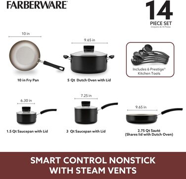 Набір посуду Farberware Smart Control з антипригарним покриттям, 14 предметів, Чорний