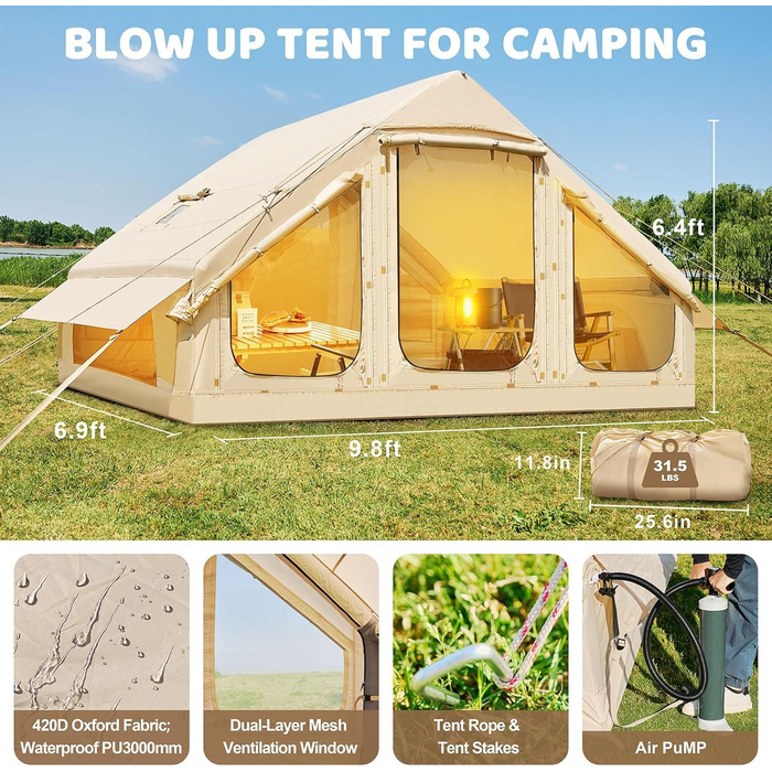 Надувний намет для кемпінгу Oxford 4-6 осіб, водонепроникний, Air Glamping - швидкозбірний намет для відпочинку на природі