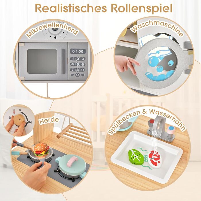 Дитяча дерев'яна кухня COSTWAY з аксесуарами, мікрохвильовкою, пральною машиною, мийкою, плитою та посудом, іграшкова кухня для дітей від 3 років