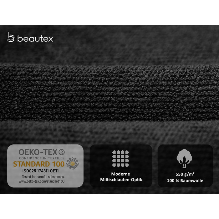 Рушники BEAUTEX преміум, набір 2 шт., 50x100 см, чорні, 100% бавовна, 550 г/м², Oeko-TEX, європейське виробництво